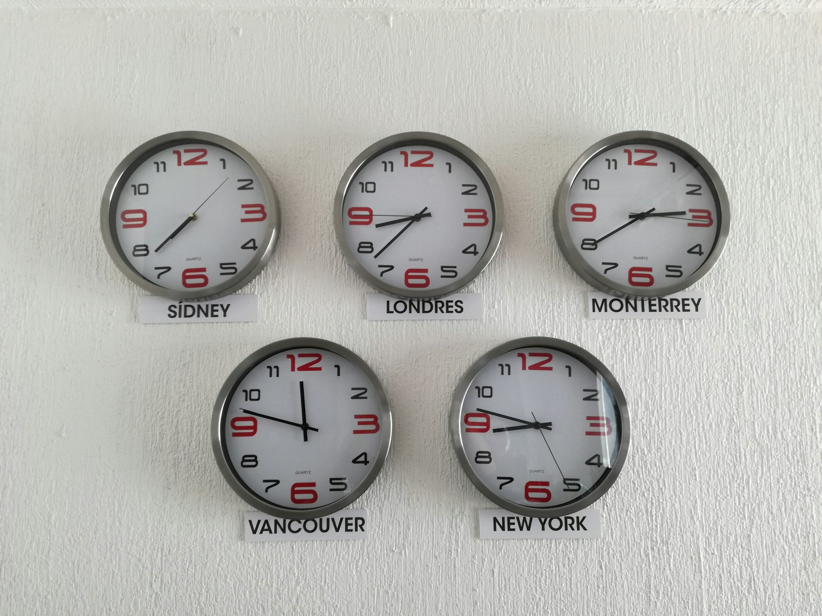 Five labeled wall clocks showing the time in Sydney, London, Monterrey, Vancouver, and New York