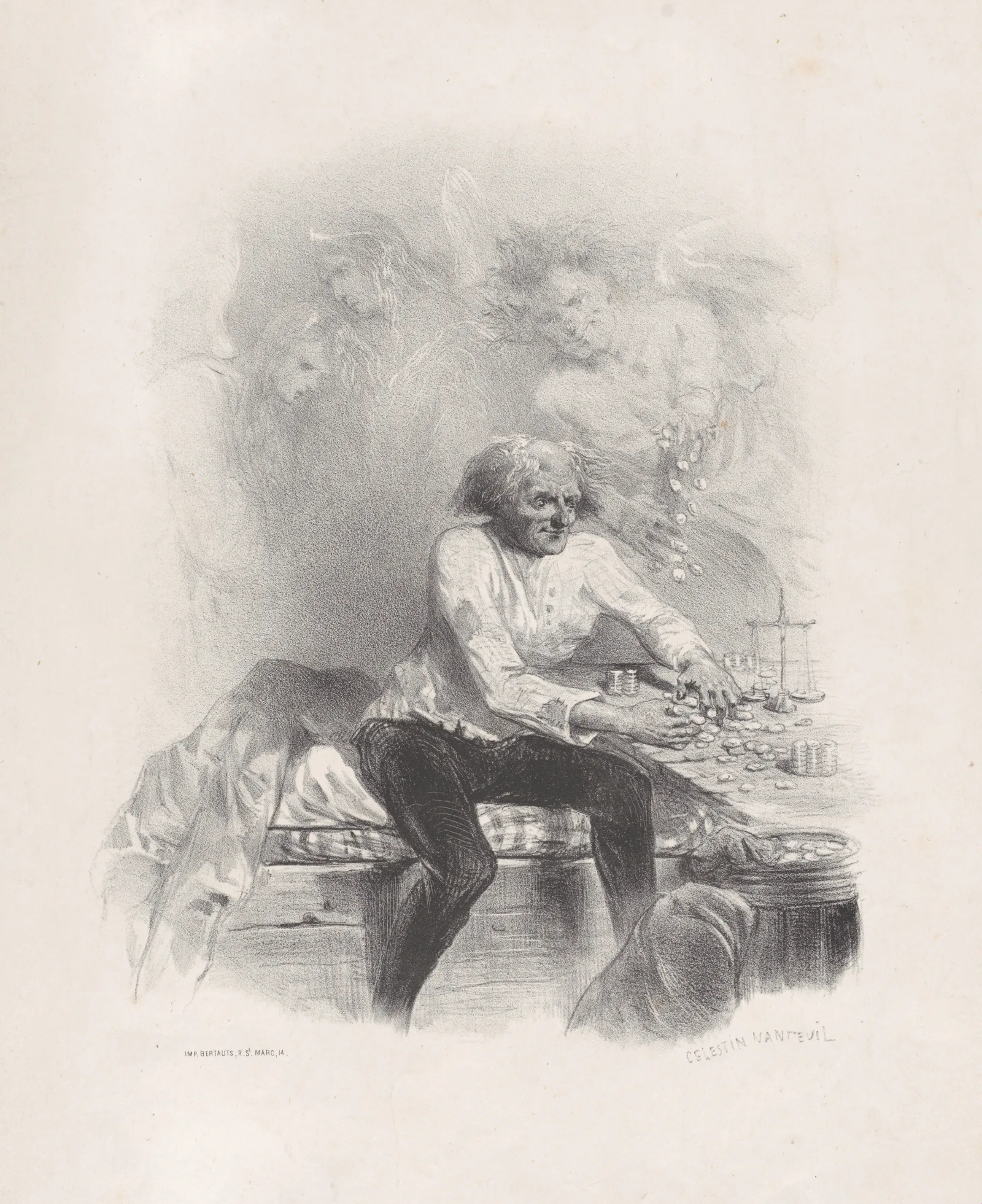 Nineteenth-century print of an old man counting coins at a table beside a balance scale