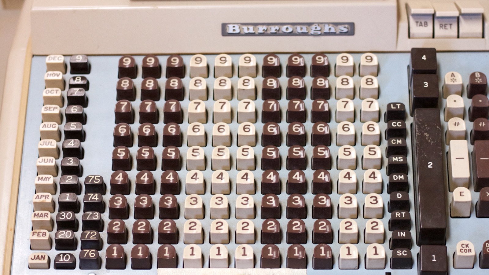 Keyboard of a vintage Burroughs bookkeeping machine showing month keys and columns of digit keys