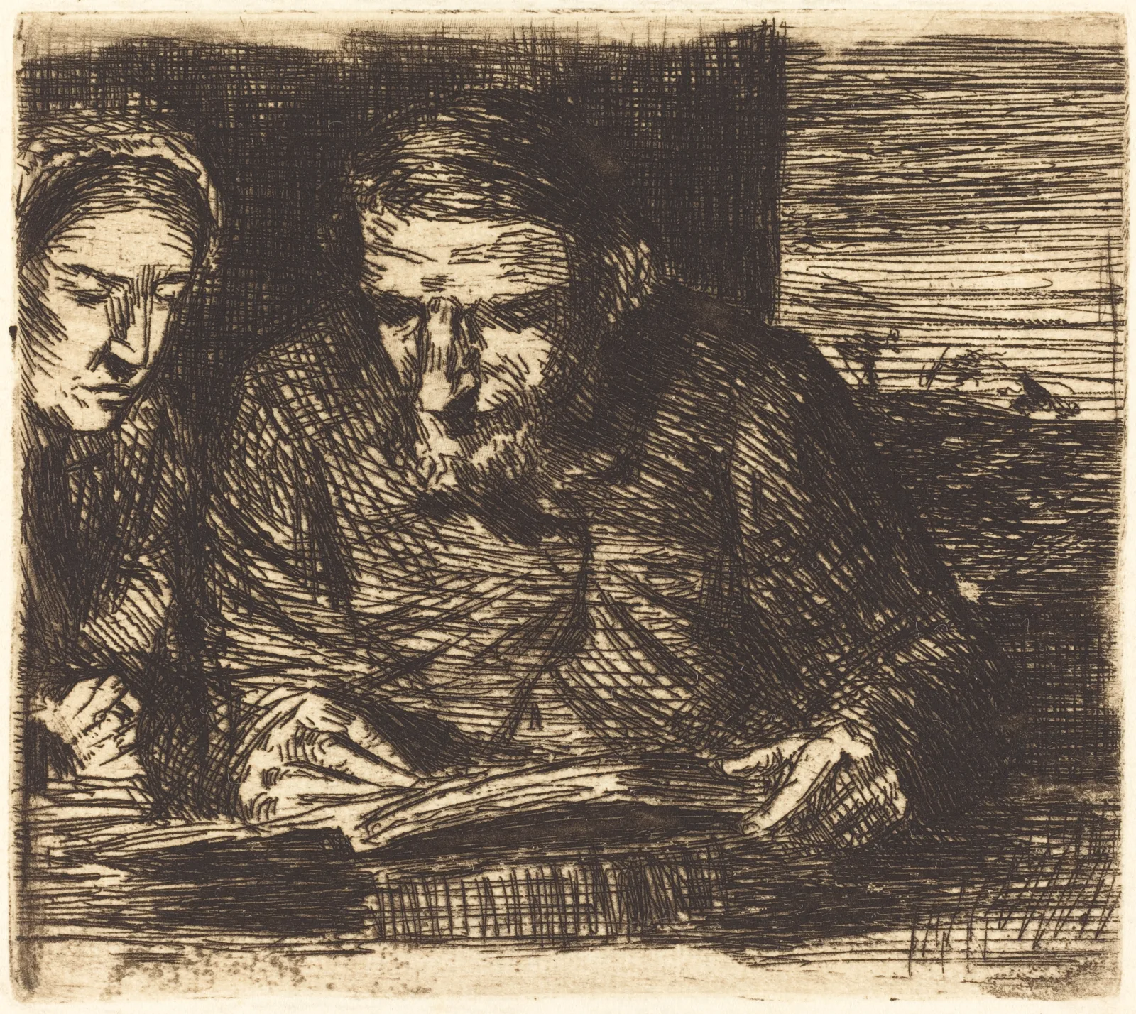Etching of a clerk writing entries in an open account book