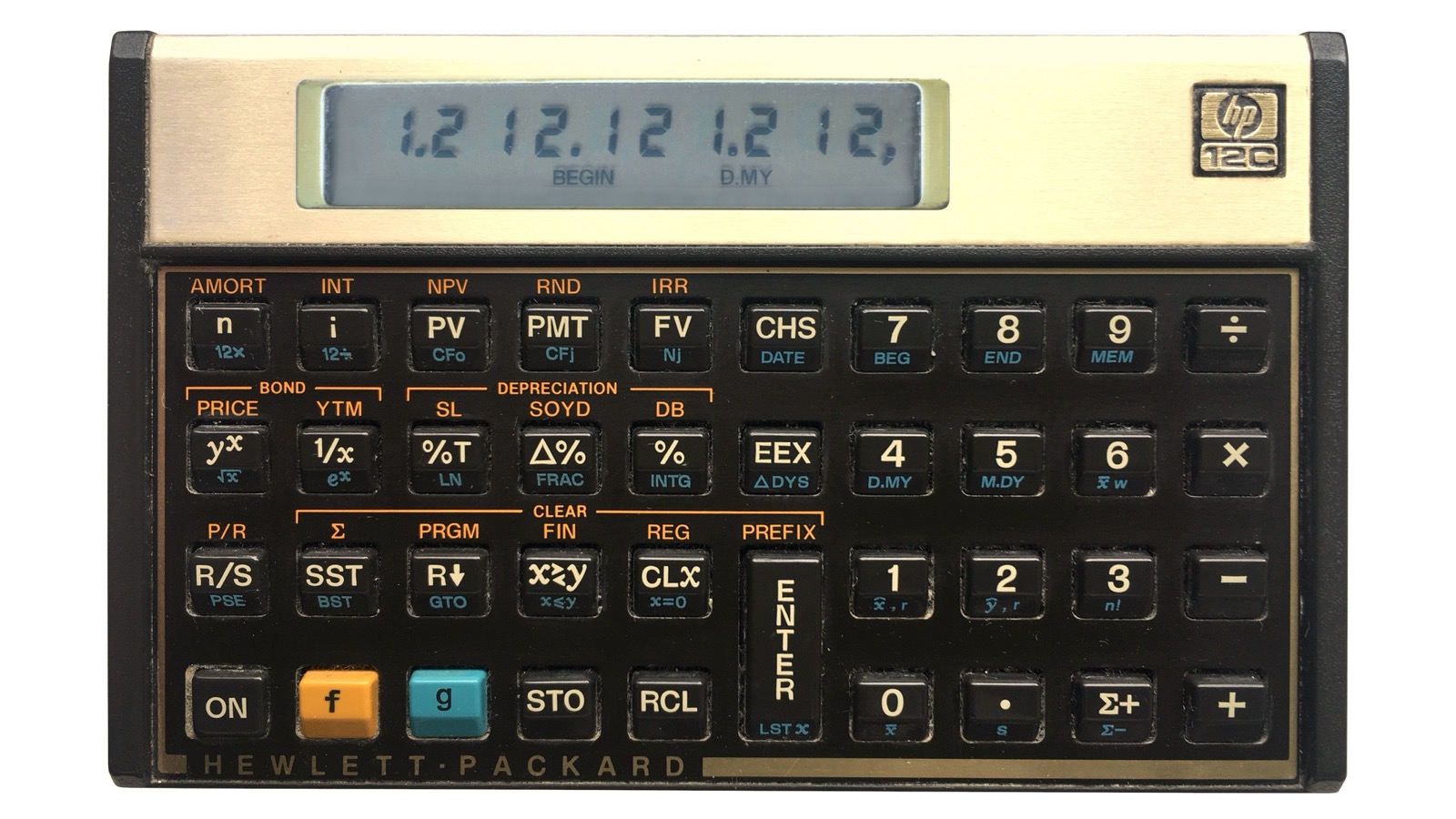 Hewlett-Packard HP-12C financial calculator with NPV, IRR, and cash flow function keys